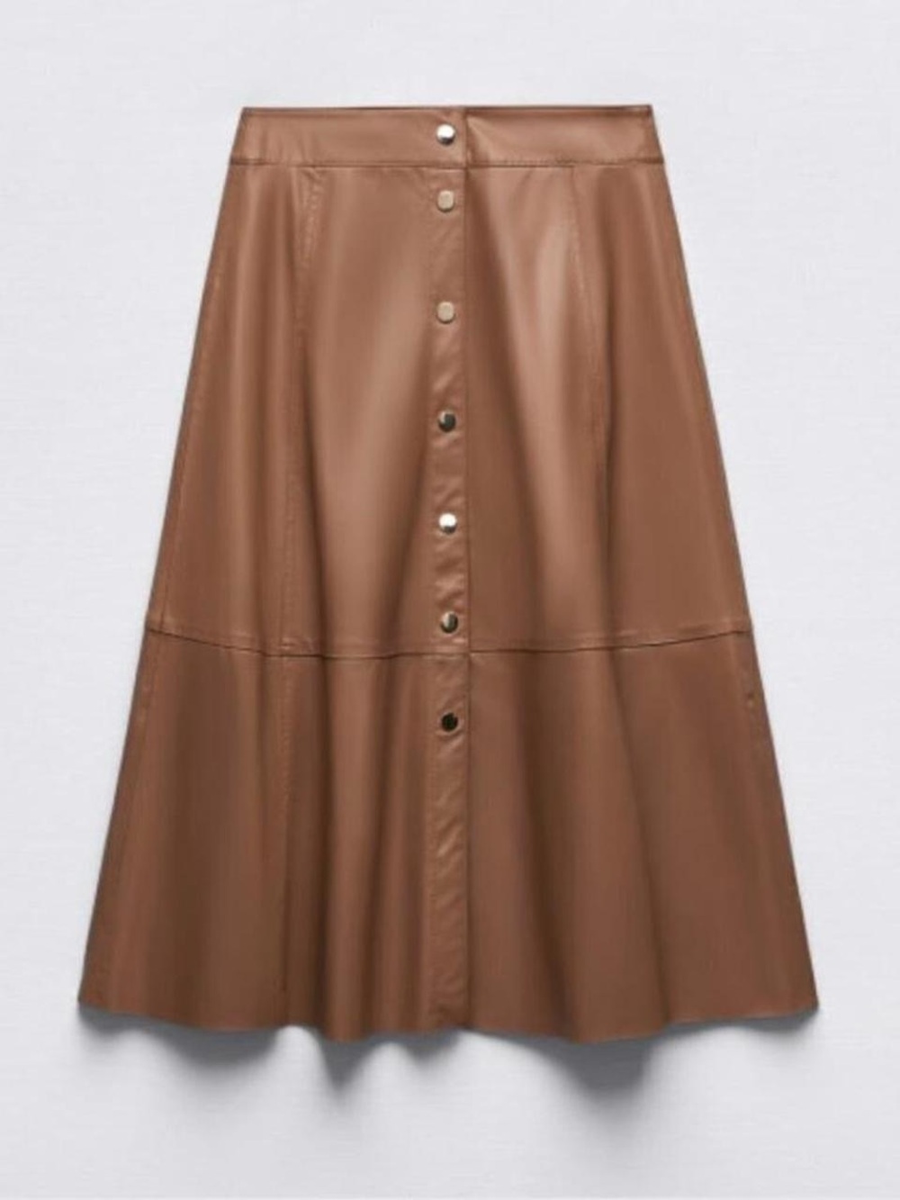 Zara Button-Front Faux Leather A-Line Skirt in Cognac